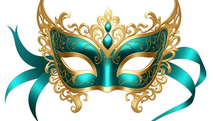 Elegant Teal and Gold Venetian Mask with Ribbons