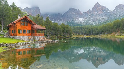 Fototapeta premium Mountain Lake Cabin Reflection: A Serene Escape in the Alps