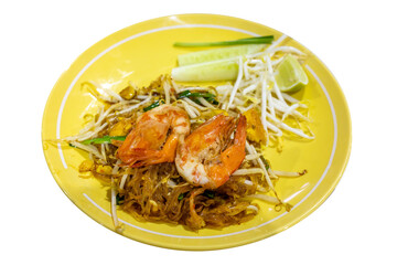 Top view of Prawn Pad Thai in yellow dish, focus selective