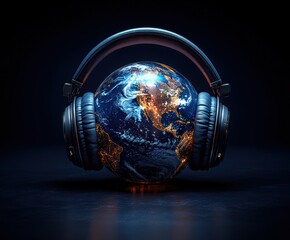 Earth Globe Listening to Music with Headphones Concept of Online Audio Communication and Internet Broadcasting