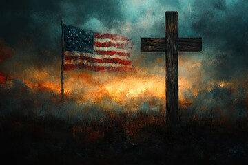 American Flag and Christian Cross Symbolizing Freedom and Patriotism