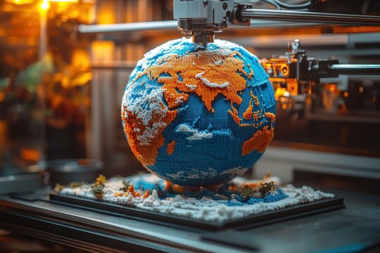 3D Printer Creating Detailed Globe in Vibrant Colors with Natural Lighting in Minimalist Background