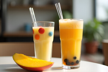 Fototapeta premium On the table there is a glass with a fashionable yellow bubble tea drink and tapioca, a peach-flavored drink, and peach are also on the table. 