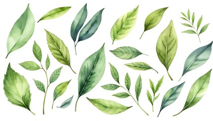 Fototapeta premium Watercolor Green Leaves Collection