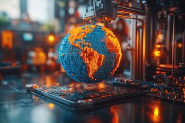 3D Printer Printing Earth Globe in Black Plastic Modern Technology and Engineering Concept