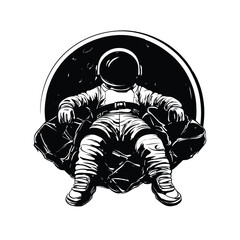 Black and White Astronaut Illustration Sitting with Moon Background – Space Art Concept Design for Stickers, Posters, and Merchandise