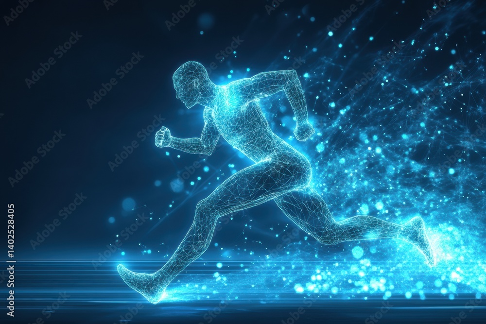 Poster runner silhouette in motion with glowing digital wireframe mesh representing muscles during a high-e