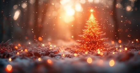 Christmas Tree with Gold and Silver Lights Merry Christmas and Happy New Year Greeting on Blue Background with Snowflakes and Bright Decorations