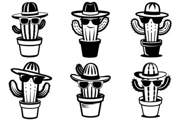Cool Cactus Crew A Black and White Illustration of Stylish Plants