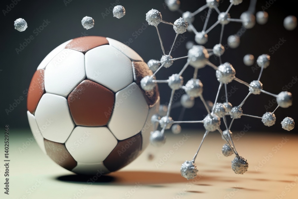 Poster soccer ball in motion with molecular structure in dynamic composition