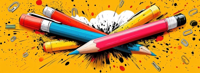 Back to School Supplies Sale Banner with Pencils Pens Paperclips Crayons and Paper in Vibrant Pop Art Style