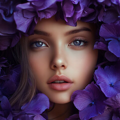 A young person with striking blue eyes stands amid lush purple flowers, creating a serene and captivating atmosphere