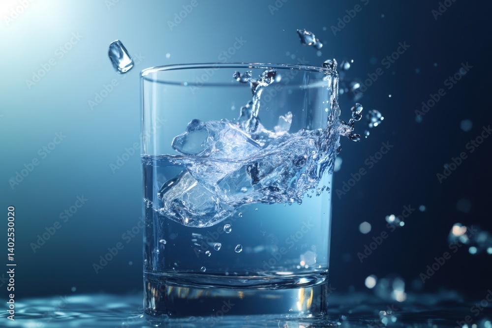Poster water splashes from a glass creating dynamic droplets in an artistic setting