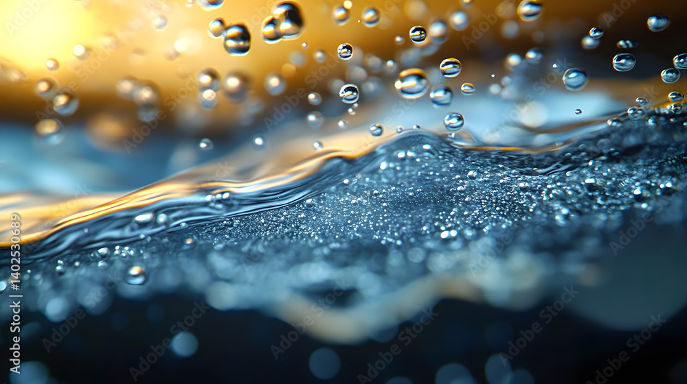 Poster a close-up shot capturing the dynamic and tranquil underwater surface, dotted with bubbles, offering