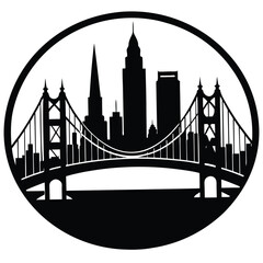 Obraz premium Cleveland Ohio Skyline Silhouette Vector: Black and White Cityscape with Bridge, Circle Design, Landmark Illustration, Travel Art