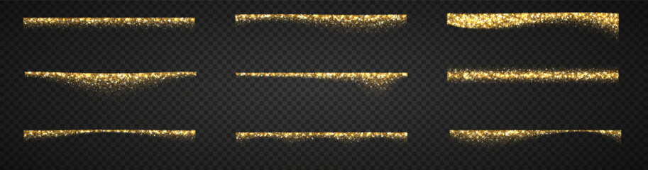 Golden dust border with particles. Glittering design for Christmas, weddings, and celebration invites. Bright gold glitter vector elements