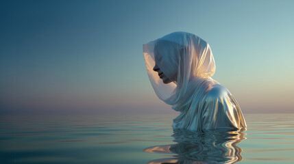 Human Being Deeply Contemplating Existence and Self in Reflecting Pool.