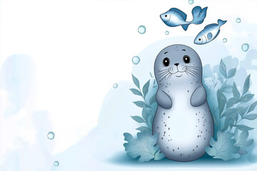 Obraz premium A charming cartoon illustration of a grey seal with big eyes surrounded by fish and underwater plants