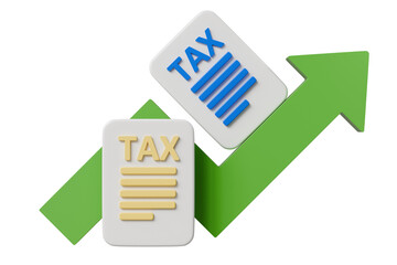 3d Tax deduction form with arrow up icon. Income tax, VAT and property taxes concept. Online tax documents. Increase global international taxes document business finance economy concept. 3d render.
