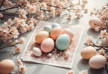 Spring Easter composition with pastel colored eggs
