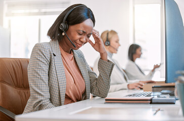 Call center, stress or headache by black woman in office consulting in customer service, crm or faq...