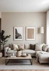 Fototapeta premium Cozy Scandinavian Living Room Interior with Beige Sofa and Natural Decor