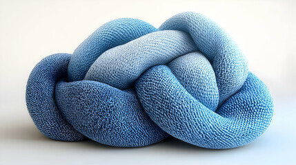 A textured blue knot sculpture resting on a smooth surface, showcasing intricate patterns and depth