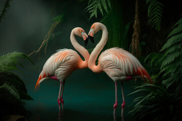 Fototapeta premium Two flamingos forming a heart shape with their necks in a lush, misty wetland, creating a romantic atmosphere