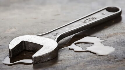 Metal Adjustable Wrench on Wet Concrete Surface with Reflections