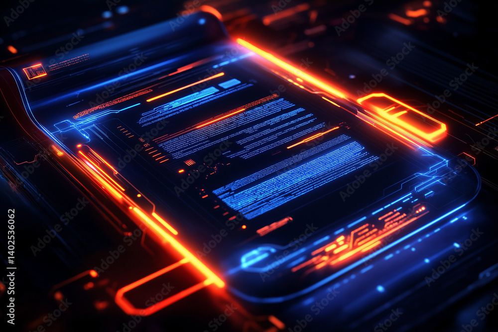 Poster dynamic futuristic digital data transfer concept with glowing blue and orange neon lights, floating 