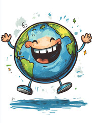 Smiling cartoon Earth planet with hands and legs jumping in a green - toned vector illustration on a transparent background, perfect for print design. 
