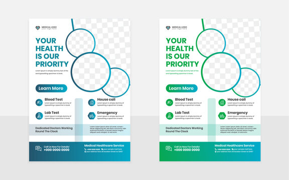 Modern Creative medical Flyer design Template with roundedr type Green blue shape.	