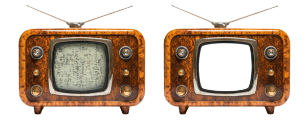 Set of two vintage wooden TVs with antennas, isolated on transparent cutout background