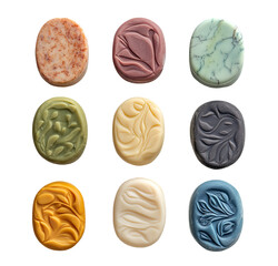 Set of colorful handmade soap bars with floral carvings, isolated on transparent cutout background