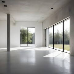 Fototapeta premium Modern Minimalist Empty Room with Large Windows and Garden View