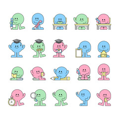 Cute Education Character Icon Set. Studying, Graduation, Reading, School
