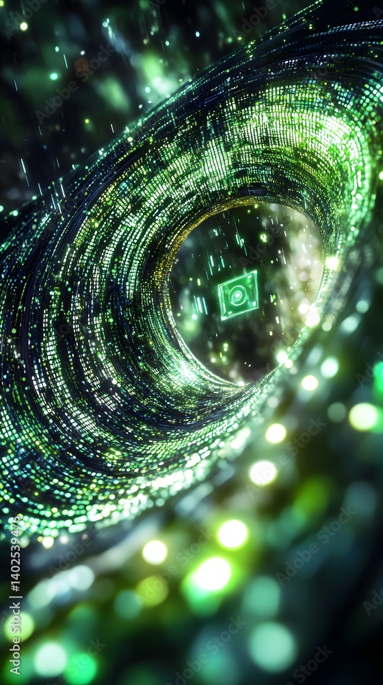 Poster digital tunnel with glowing particles and central symbol