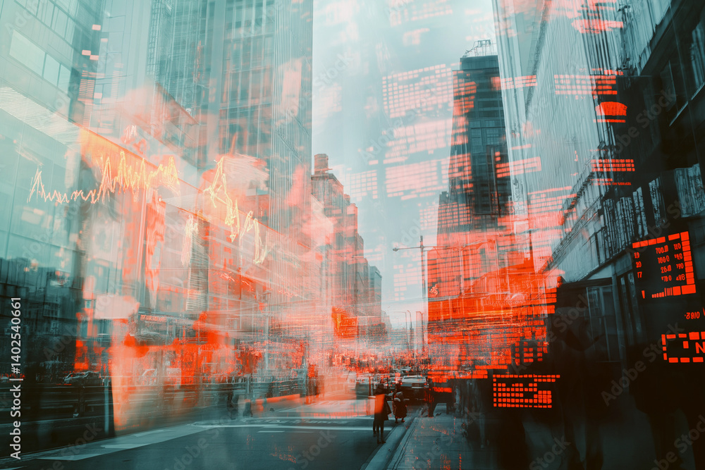 Poster the digital indicators and declining graphs of a stock market crash overlap the backdrop of a modern