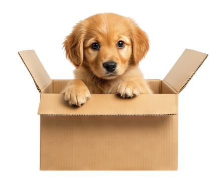 Adorable puppy sitting inside cardboard box, isolated on transparent cutout background