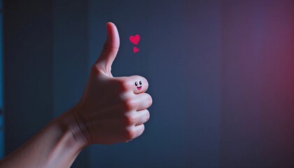 Happy Thumbs Up Hand Gesture with Smiley Face and Hearts on Neutral Background – Symbol of Positivity, Approval, and Love – Created with Generative AI Images