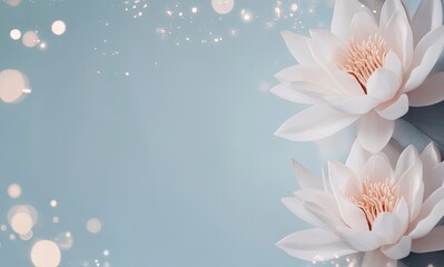 White Water Lilies on Soft Blue Background with Bokeh