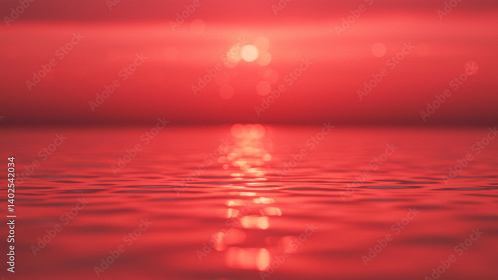 Poster a soft-focus image of a tranquil water surface, featuring a transparent red hue with splashes and bu