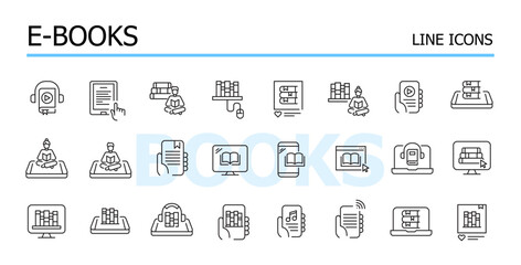 Electronic and audio book library. Online access to reading, education and entertainment. Vector icons set