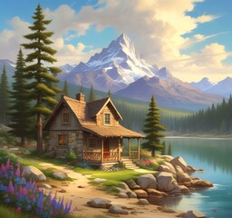 Naklejka premium Illustration of spring season landscape with cottage and mountain.