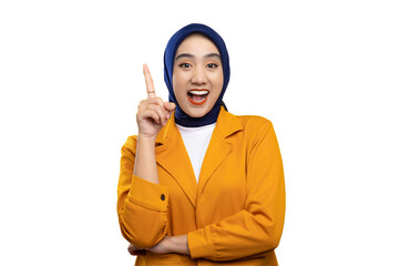 Excited Asian woman pointing up with a bright idea isolated on transparent background