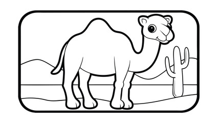 Cute Camel Cartoon Standing In A Desert Landscape Coloring Page Vector Line Art Illustration Template For Children