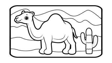 Cute Cartoon Camel In The Desert Coloring Page For Kids Illustration Adventure Outline Black And White