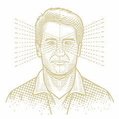 Stylized Portrait of a Serious Man with Geometric Lines on White Background