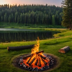 Campfire by the Lake at Sunset