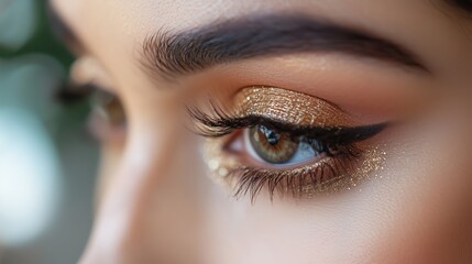 Obraz premium Close-up of an elegant eye with shimmering makeup and a defined eyeliner look in natural light